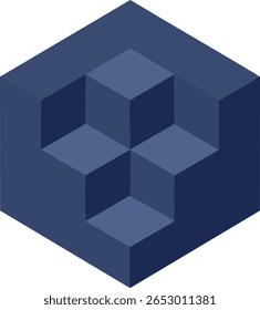 Esta ilustração vetorial apresenta um cubo hexagonal azul escuro com cubos interligados menores em um estilo isométrico, apresentando um design geométrico moderno com uma sensação tecnológica. Calmo e preciso.