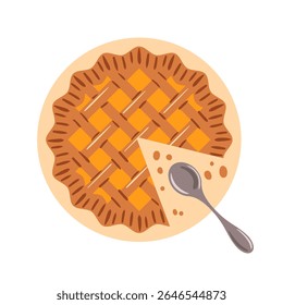 This vector illustration features a delectable pumpkin pie, perfectly baked and served with a slice alongside a spoon for easy enjoyment. Its warm hues and inviting texture evoke the deliciousness of