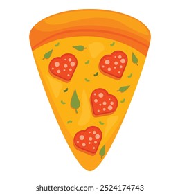 Esta ilustração vetorial apresenta uma deliciosa fatia de pizza com pepperoni em forma de coração e folhas de manjericão, perfeito para projetos relacionados com dia dos namorados, amor, comida e cozinha italiana