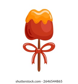Esta ilustração vetorial apresenta uma deliciosa maçã caramelo em um bastão, amarrada com um arco vermelho brilhante. A combinação atraente de sabores e apresentação festiva torna um deleite delicioso para qualquer
