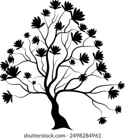 Esta Ilustración vectorial presenta una silueta detallada de un árbol de magnolia con intrincadas ramas y flores, sobre un fondo blanco. El diseño captura la elegancia.