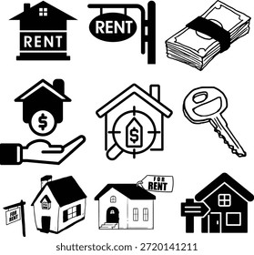 Esta ilustração vetorial apresenta um conjunto detalhado de ícones em preto e branco relacionados a aluguéis de imóveis e propriedades. Inclui símbolos para casas com sinais de "ALUGUEL", uma mão segurando uma casa com um sinal de dólar, uma pilha de dinheiro e uma chave de casa. Estes ícones versáteis são perfeitos para sites, aplicações móveis, brochuras, ou qualquer projeto que necessite de representação visual clara de conceitos de locação no mercado de habitação.