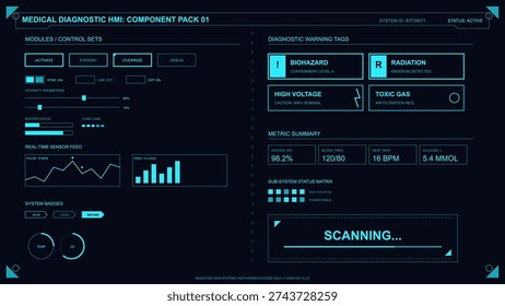 This vector illustration features a detailed medical diagnostic HMI dashboard with vital signs, warning alerts, and scanning progress bars. It is ideal for sci-fi themes.