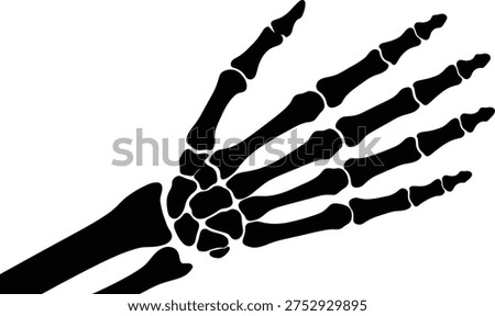 This vector illustration features a detailed silhouette of a human hand skeleton, showcasing the bones of the wrist, palm, and fingers in a clear and anatomically accurate design, ideal for medical and educational applications.