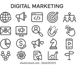 This vector illustration features diverse icons related to digital marketing, including graphs, communication tools, and analytical symbols used in modern business strategies.