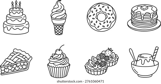 This vector illustration features a diverse collection of eight popular dessert and sweet pastry items, rendered in a clean and appealing line art style. Each icon is meticulously hand-drawn with a consistent black outline against a pristine white background, ensuring versatility and ease of integration into various design projects. The set includes essential treats such as a multi-tier birthday cake adorned with candles, a swirling soft-serve ice cream cone, a classic frosted donut with playful sprinkles, a tempting stack of pancakes drizzled with syrup and topped with a pat of butter, a slice of wholesome cherry pie with a lattice crust, a charming cupcake topped with a generous swirl of frosting and a cherry, two vibrant fruit tarts bursting with fresh berries like strawberries, blueberries, and raspberries, and a creamy pudding served in a bowl with a spoon and wafer stick. The minimalist and modern aesthetic of these outline graphics makes them perfect for a wide range of commercial applications. Ideal for creating engaging restaurant menus, cafe branding materials, bakery promotions, food-related websites, social media content, and advertising campaigns. Designers seeking assets for UI UX projects, mobile applications, web banners, or digital templates will find these icons highly valuable. They are also suitable for print materials like packaging design, labels, recipe books, and educational content. The simple, clean lines offer excellent readability and scalability, allowing for easy recoloring and customization to match any brand identity or visual theme, enhancing search visibility and commercial licensing potential.