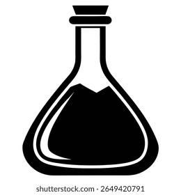 This vector illustration features a filled Erlenmeyer flask that is tightly sealed with a cork stopper; the graphic is rendered in bold black on a transparent background.