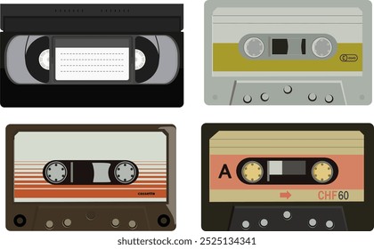 Esta Ilustración vectorial cuenta con cuatro cintas de casete vintage de los años 80 y 90, cada una con diseños únicos y Elementos nostálgicos, que capturan el encanto de la cultura de audio retro.

