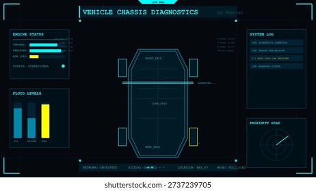 This vector illustration features a futuristic vehicle chassis diagnostics interface. It displays real-time data for engine status and fluid levels on a digital screen.