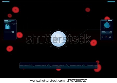 This vector illustration features a futuristic heads-up display analyzing microscopic biological elements and cellular activity.