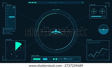 This vector illustration features a futuristic head-up display with radar, target tracking, and data panels. The interface uses a cyan color scheme on a dark background.