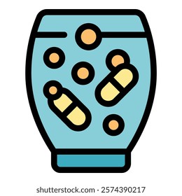 This vector illustration features a glass jar filled with water and medication capsules, representing the concept of dissolving medicine