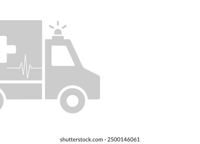 This vector illustration features a gray ambulance icon with a cross symbol, heartbeat line, and flashing light, representing emergency medical services and healthcare transportation.