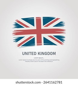 This vector illustration features a grunge-style brush stroke of the United Kingdom (UK) flag, also known as the Union Jack. The design has a textured, painted look, combining vibrant red, white, and 