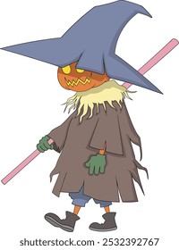 Esta ilustração vetorial apresenta um personagem espantalho com tema de Halloween com uma cabeça de abóbora, vestindo um manto marrom esfarrapado e um chapéu de bruxa azul grande