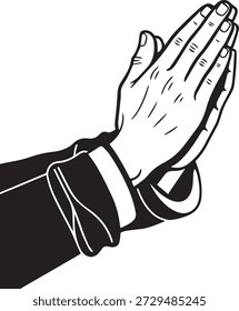 Esta ilustração vetorial apresenta mãos humanas agarradas à oração, simbolizando a espiritualidade, a paz, a devoção e a atenção plena. Ideal para temas de religião, meditação e calma interior.