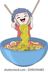 Esta Ilustración vectorial presenta una alegre mascota de niño de dibujos animados que agita un gran tazón de fideos de ramen con palillos, mostrando emoción por la deliciosa comida