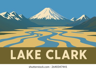 This vector illustration features the majestic volcanoes of Lake Clark National Park, towering over the glacial rivers that flow through the rugged Alaskan wilderness. 