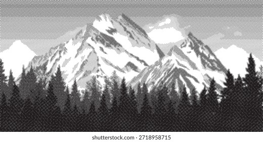 This vector illustration features a majestic snow covered mountain range in the background with a dark forest silhouette in the foreground. It evokes a sense of adventure and nature's grandeur, perfect for travel or outdoor themed projects.