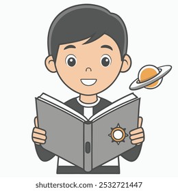 Esta ilustração vetorial apresenta um esboço minimalista de um menino lendo um livro, perfeito para projetos educacionais, literários ou criativos. O design limpo da arte da linha em um fundo branco.