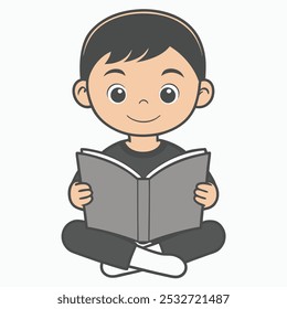 Diese Vektorgrafik zeigt einen minimalistischen Umriss eines Jungen, der ein Buch liest, perfekt für Bildungs-, Literatur- oder Kreativprojekte. Die saubere Linie Kunstdesign auf weißem Hintergrund.