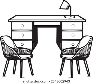 This vector illustration features a minimalist and elegant design of a chair and reading table, created using Adobe Illustrator. The image is rendered in high contrast black and white, providing a cle