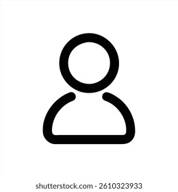 This vector illustration features a minimalist design of a human silhouette. The figure has a round head and shoulders, encapsulated in a bold black outline against a plain white backdrop.