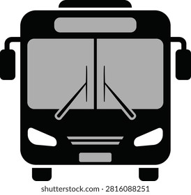 This vector illustration features a minimalist front view of a bus, rendered in clean black and grey tones. The simple design emphasizes essential elements like the windshield, headlights, and wipers, making it a versatile icon for public transport, travel, or city navigation applications. Its flat graphic style ensures clear visibility and adaptability across various digital and print media.