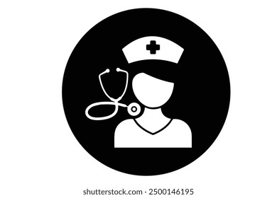 This vector illustration features a minimalistic black and white icon of a nurse wearing a cap with a cross, accompanied by a stethoscope around her neck.