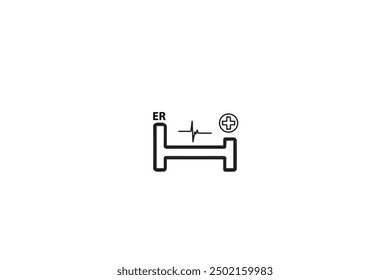 This vector illustration features a minimalistic design of a hospital bed with an "ER" label, heartbeat line, and medical cross symbol, representing emergency medical care.