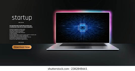 This vector illustration features a modern laptop with a futuristic circuit board design on the screen, set against a neon blue and black background. The word “startup” is prominently displayed