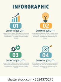 This vector illustration features a modern business process infographic with four steps, each illustrated with an icon (growth chart, lightbulb, gears, and target). It’s an ideal design 