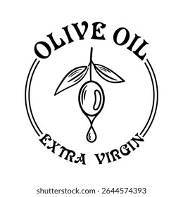 Esta ilustração vetorial apresenta um rótulo de azeite com uma única azeitona e uma gota de azeite. O design transmite riqueza e pureza, incorporando a essência da cozinha mediterrânea de alta qualidade