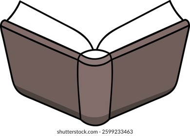 This vector illustration features an open book with a sturdy brown hardcover and white pages, designed in a simple cartoon style with clean black outlines