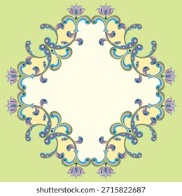 Esta Ilustración vectorial presenta un adorno floral oriental con motivos decorativos coloridos. El diseño simétrico combina curvas fluidas, flores estilizadas y Elementos de patrones tradicionales, lo que lo hace ideal para su uso en embalajes, invitaciones, fondos y proyectos de Diseño gráfico. Obra de arte de Vector totalmente editable.