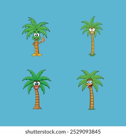 This vector illustration features a palm tree cartoon with four expressive faces: angry, funny, love, and OK. Perfect for playful designs, stickers, or fun graphic projects.