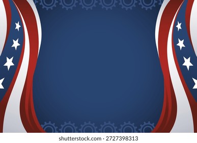 Diese Vektorgrafik zeigt einen patriotischen Hintergrund, inspiriert von der amerikanischen Flagge, mit fließenden roten, weißen und blauen Bändern und weißen Sternen auf den blauen Abschnitten. Subtile Getriebemotive verleihen dem Gerät einen modernen Touch und eignen sich somit ideal für Feiertage, Feiern, Präsentationen, Websites und Printmedien in den USA. Perfekt für Unabhängigkeitstag, Gedenktag, Veteranentag oder andere patriotische Veranstaltungen.