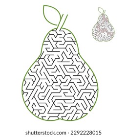 This vector illustration features a pear-shaped children's maze of medium difficulty, designed to provide a fun and challenging activity for kids. Vector illustration. With the answer