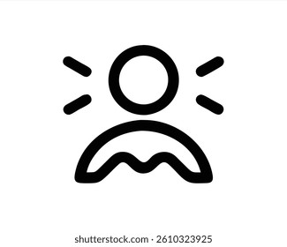 This vector illustration features a person with a round head and a smiling face, exuding a cheerful aura with radiating lines. The design is minimalistic and modern.