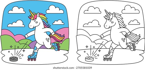 This vector illustration features a playful unicorn character playing roller hockey, designed specifically as a coloring page template for children's activity books or educational materials.