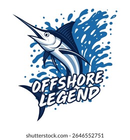 This vector illustration features a powerful marlin jumping out of the water surrounded by splashing waves. The design is bold and dynamic ideal for branding or apparel related to fishing