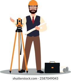 This vector illustration features a professional land surveyor wearing a hard hat and safety glasses, holding blueprints while standing beside a theodolite on a tripod. He represents precision, engine