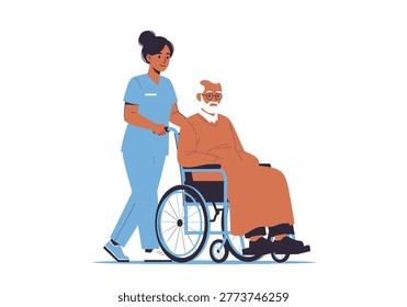 This vector illustration features a professional nurse pushing an elderly male patient in a wheelchair. The graphic design highlights the concept of medical assistance and patient support within a clinical environment. This clean, modern, and high-quality flat vector art is ideal for healthcare websites, medical brochures, and professional nursing service materials.