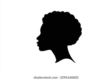This vector illustration features a profile of a woman showcasing an afro hairstyle. The black silhouette is set against a white background, emphasizing the hairs texture and shape.