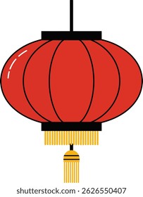 Esta ilustração vetorial apresenta uma lanterna chinesa vermelha com um top preto e borlas amarelas penduradas abaixo. Representa a decoração tradicional do festival com um clima festivo.