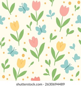 This vector illustration features a repeating pattern with a cheerful and colorful spring theme.