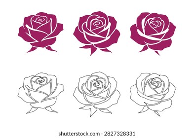 This vector illustration features rose silhouettes in magenta and line art, showcasing floral design elements on a white background.