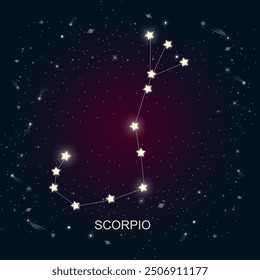 Esta Ilustración vectorial presenta la constelación del zodíaco Escorpio brillando contra un fondo cósmico oscuro lleno de estrellas y cuerpos celestes. Ideal para astrología, horóscopos y temática cósmica.