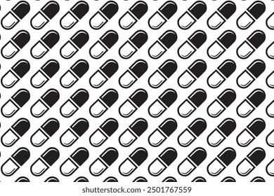 This vector illustration features a seamless pattern of black and white capsule pills arranged diagonally, creating a repetitive design ideal for medical or pharmaceutical themes.