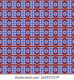 This vector illustration features a seamless pattern that combines bold red flows. Blending bold red flowers in blue with a structured blue square background, the organic beauty of the red order exude
